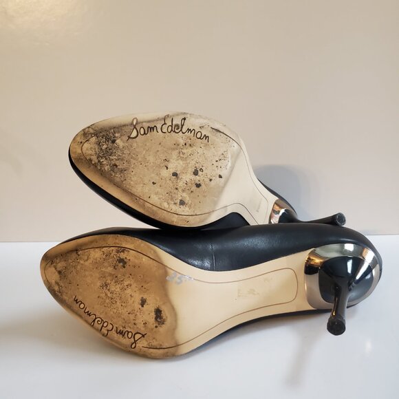 SAM EDELMAN CAMDYN Black Heels Rounded Toe | Silver Tone Ring & Snakeskin Accent - Picture 8 of 10